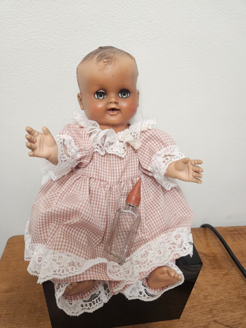 Vintage Madame Alexander Baby Doll Cryer Mama Doll Pink Gingham Dress Bottle